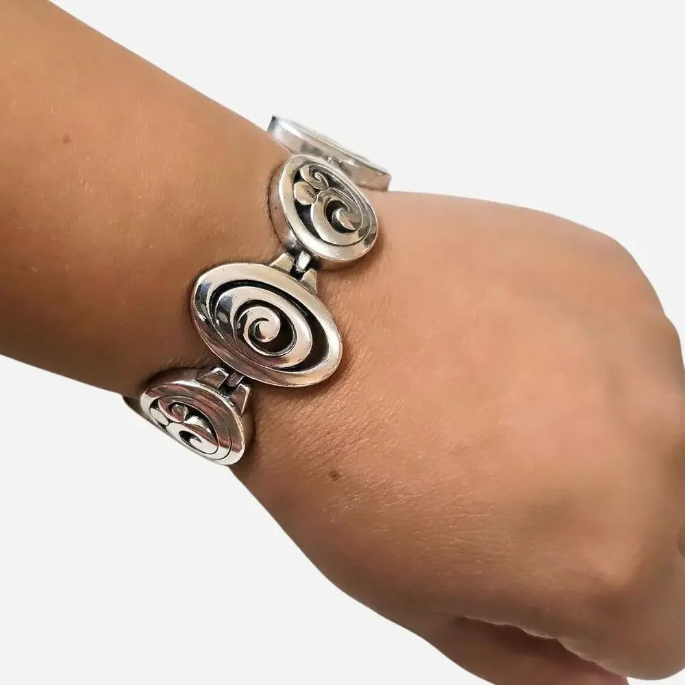 Vintage Brighton Retired Silvertone Spiral Scroll Panel Bracelet